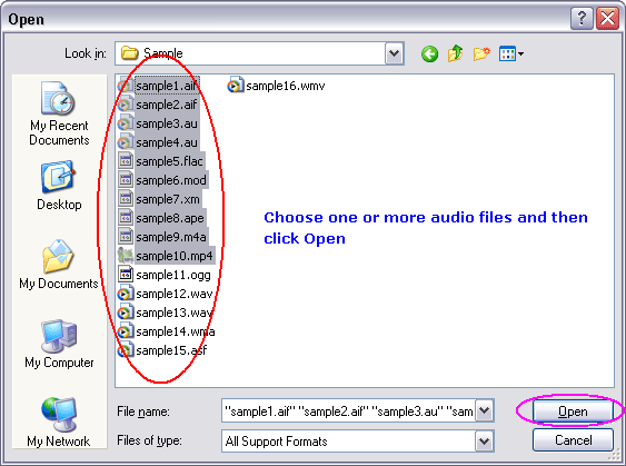 Choose one or more WAVE64 files